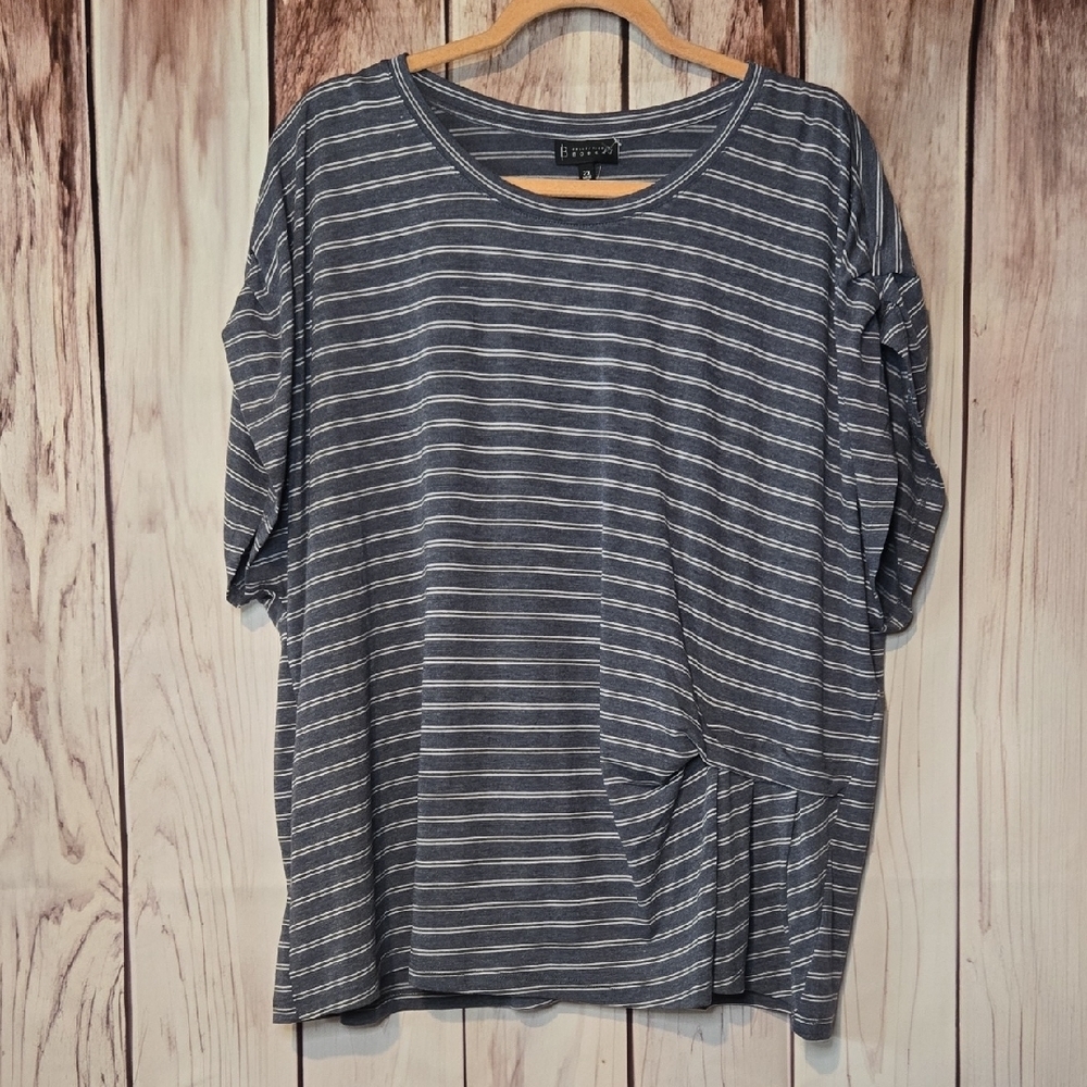 Bobeau Heathered Blue And White Striped Pleated Short Sleeve Top Plus 2X